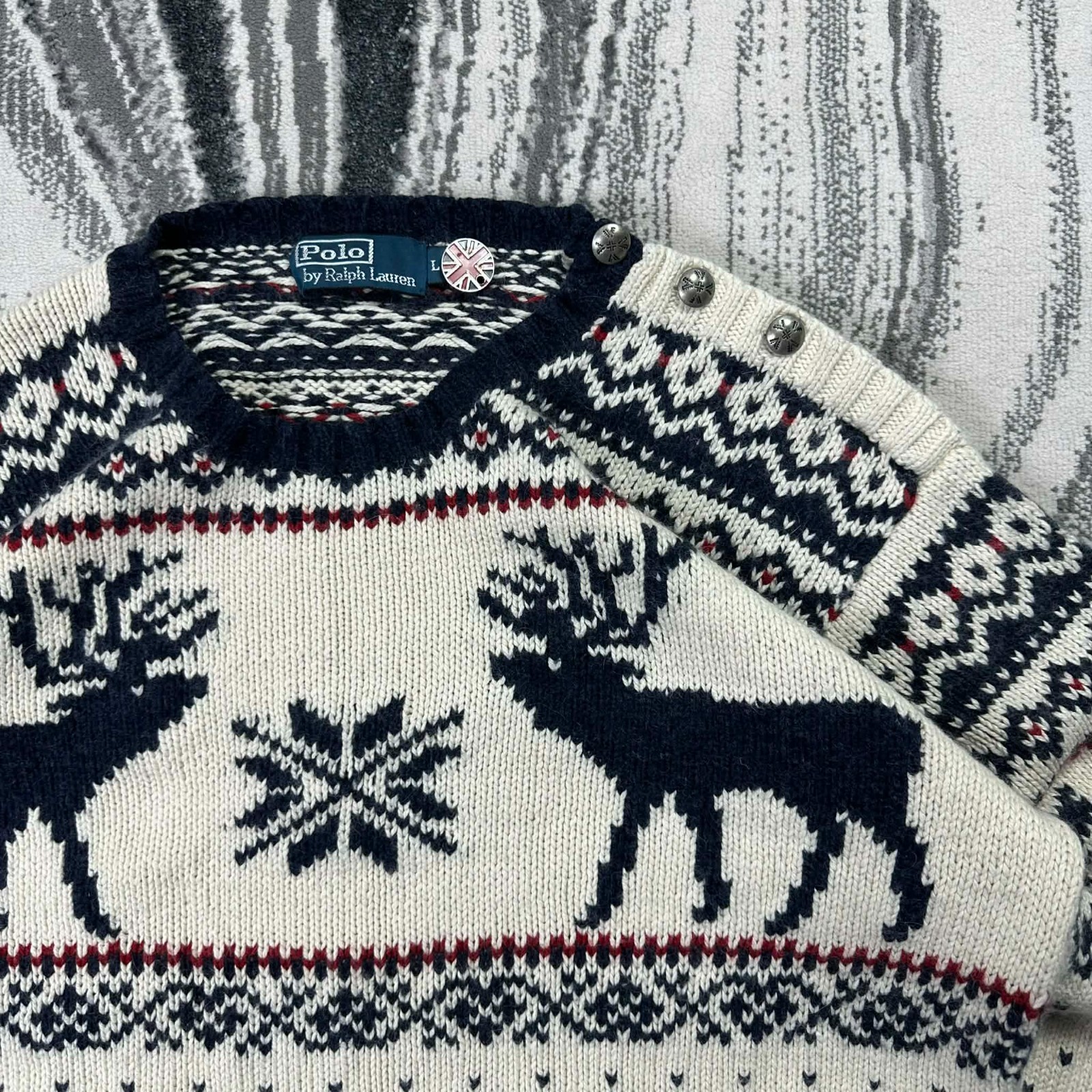 VTG Ralph Lauren Polo Cream Nordic Reindeer Lrg Button Shoulder Knitted Jumper image 2