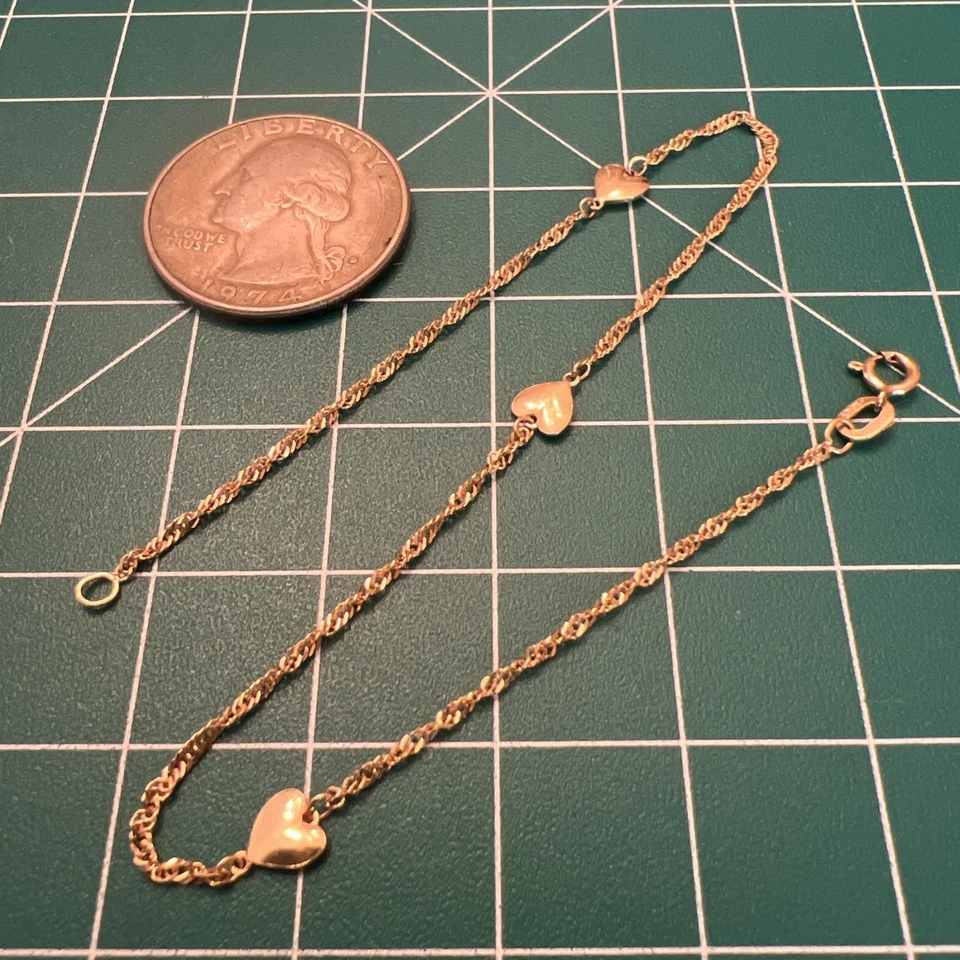 "Brazalete tobillera estación corazón cadena Singapur oro amarillo 14K AURAFIN 9""" Foto 2 de 4