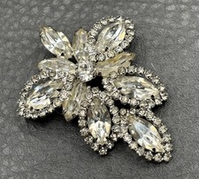 Vintage Clear Rhinestone Statement Flower Brooch Pin Silver Tone