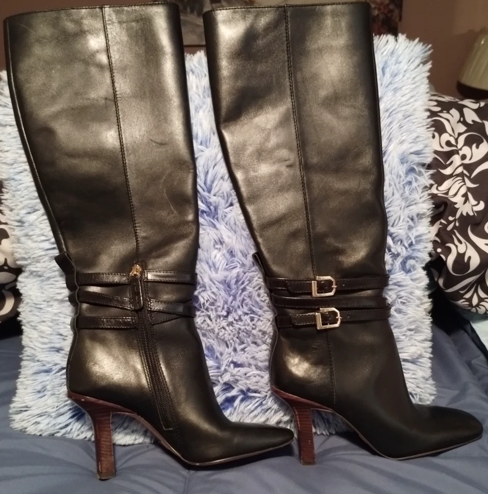 Louise et cie yancey Hebilla Correa Tacón Alto Botas Cuero Negro Talla 6.5 Foto 4 de 4