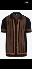 Cotton Striped Sweater Polo - Men  s M Button Down Collared Shirt - Brown/Black