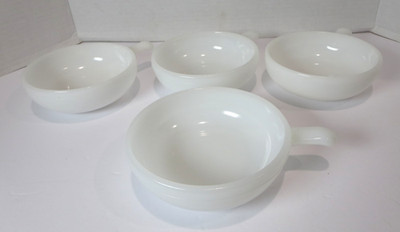Vintage White Milk Glass Bowls With Handles (Set of 4) - 2 GlasBake - 2 Unmarked
