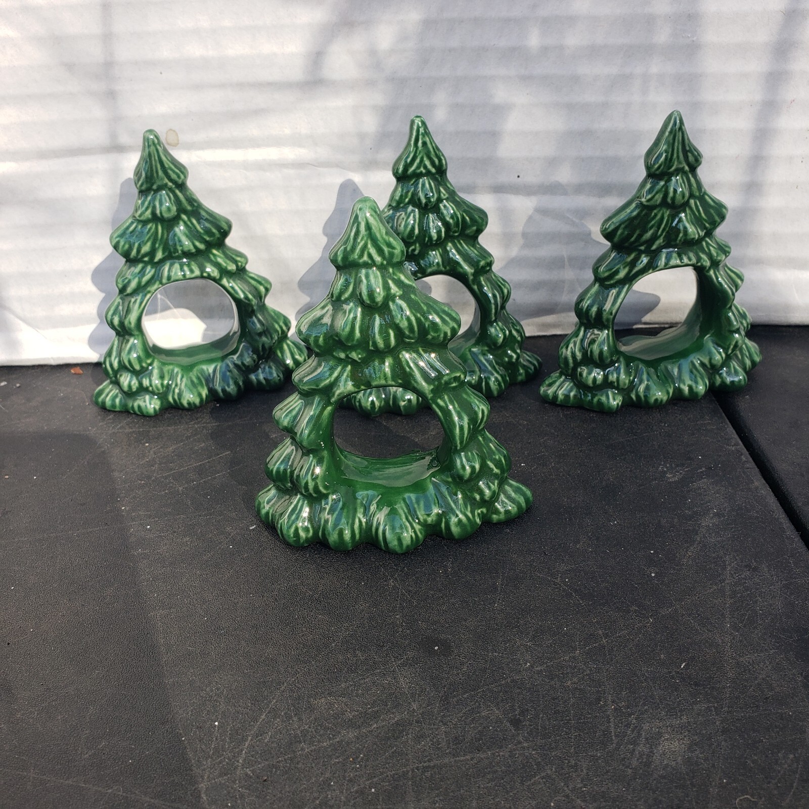 Vintage Set of 4 Ceramic Glossy Green 3D Christmas Tree Napkin Ring
