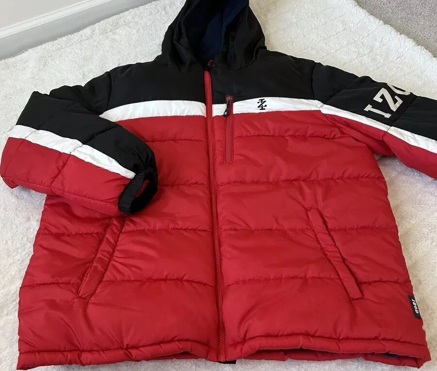 IZOD Abrigo Chaqueta acolchada con capucha para hombre Bolsillos en L Bloque de color Rojo/Negro Invierno Foto 2 de 4