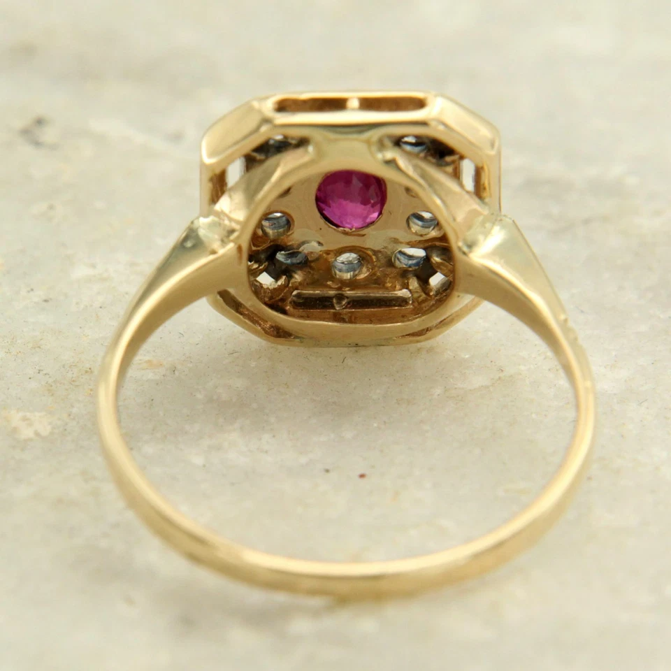 Bague en OR Jaune 14 Carats k RUBIS Naturelle et DIAMANT style Ancienne Femme - Photo 4/4