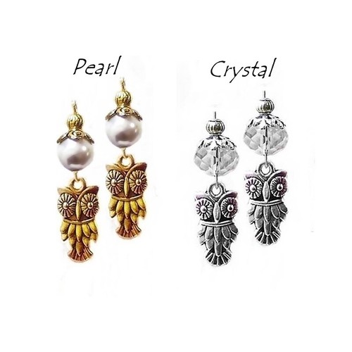 Earrings owl bird charm drop with pearl or crystal, choose color and fittings - Picture 8 of 19