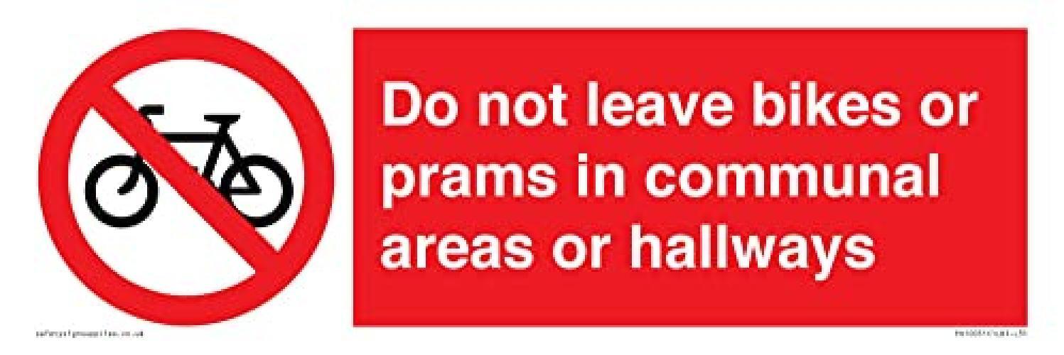 Non lasciare biciclette o carrozzine in aree comuni o corridoi. Cartello - 300x1