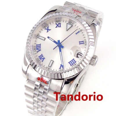 36mm Sapphire Glass NH35A Auto Men Watch Silver Sunburst Dial Fluted Bezel Date