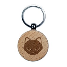 Simple Cat Head Icon Engraved Wood Round Keychain Tag Charm