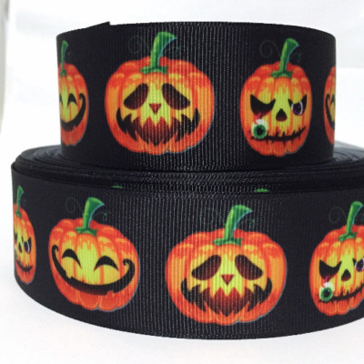 GROSGRAIN RIBBON 5/8'', 7/8'',1.5'', 3'' Halloween Pumpkins Smiling Printed Bulk 