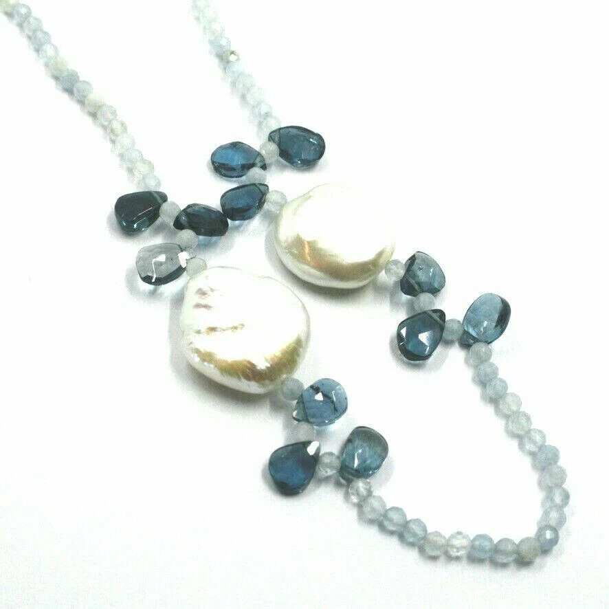 Collier Long En Or Blanc 18K, Avec Aigue-Marine, Topaze London Blue Et Perles - Photo 3/4