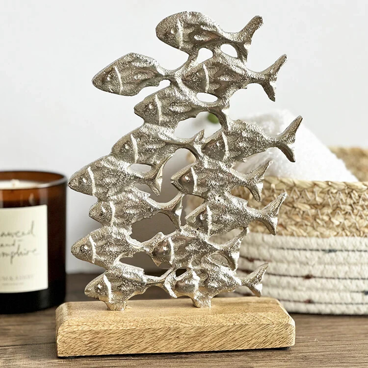 Silver Fish on Wood Metal Fishes Nautical Decoration Seaside Ornament Home Decor