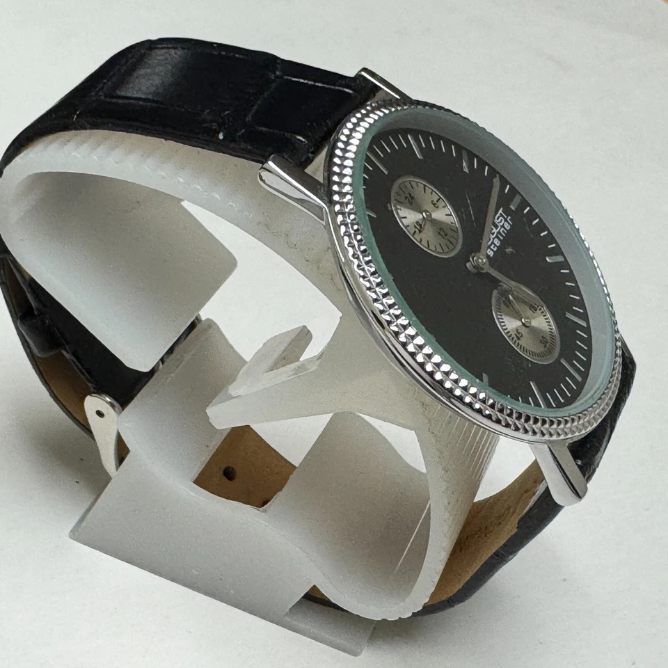 August Steiner Quartz Watch Men Silver Black Small second Leather New Battery - Image 3 of 4