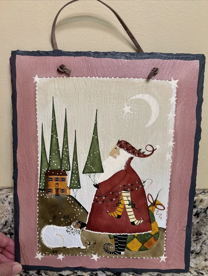 Papá Noel pintado a mano pizarra Barbara Chiantia azulejo placa arte de pared vacaciones Foto 2 de 4