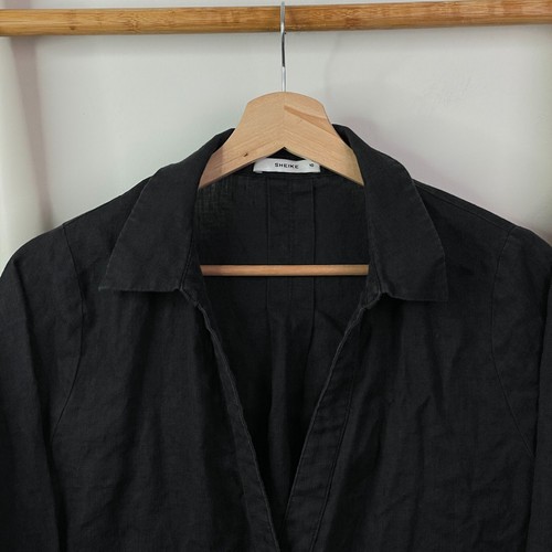 Sheike Blouse Top Womens 10 Black Linen Button Front Long Sleeve Collared Casual - Picture 4 of 11