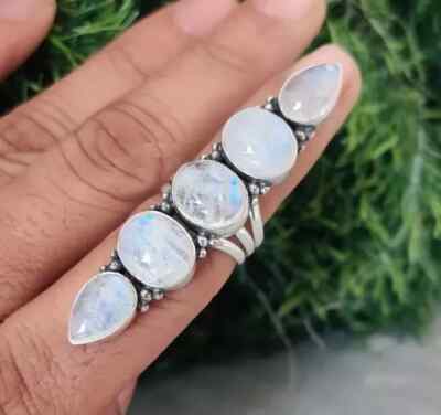 Rainbow Moonstone Handmade 925 Sterling Silver Statement  Ring All Size R199