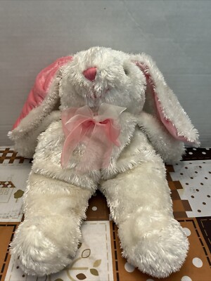 Dan Dee Cream Shaggy Fur Bunny Rabbit w/ Pink Bow Nose & Ears Plush Stuffed Toy