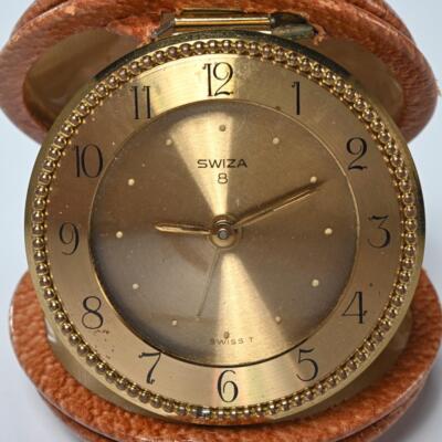 Swiza 8 Day Brass Brown Leather Wind Up Pocket Travel Clock 3