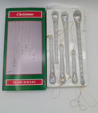 Vintage 6 Clear Iridescent Tear Drop Icicle Christmas Ornament Blown Glass Twist