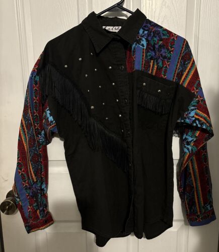 VTG Sassa Western Long Fringe Shirt Button Down Rodeo Southwest Sz L USA Made