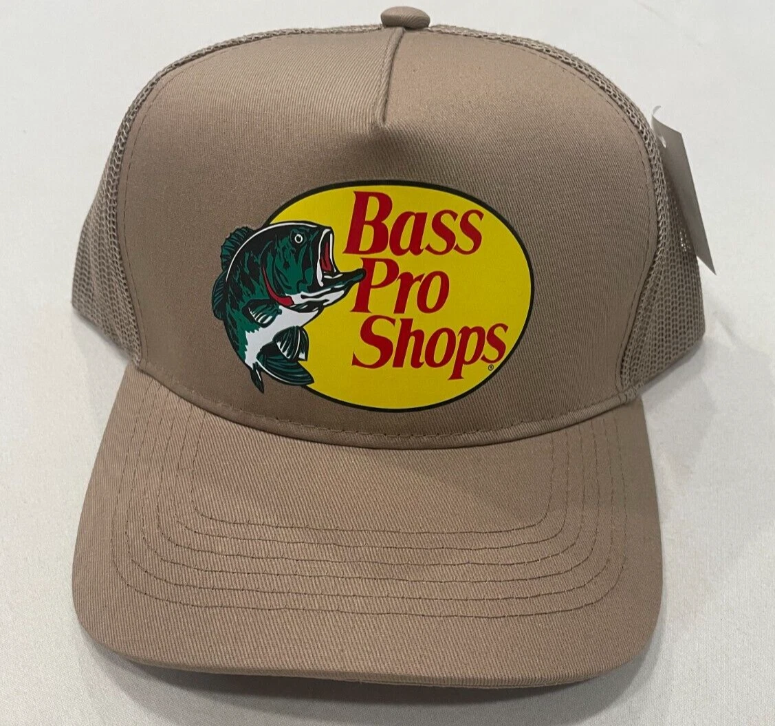 Bass Pro Shops Outdoor Hat Mesh Cap Fishing SnapBack khaki Tan Brown Logo