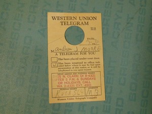 Western Union telegram door hanger, 1950s 60s?, Chicago, 2655 N. Clark St.