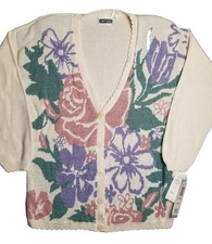 Vtg Floral Knit Cardigan Sweater Grannycore Colorful 90s NWTs Sz M
