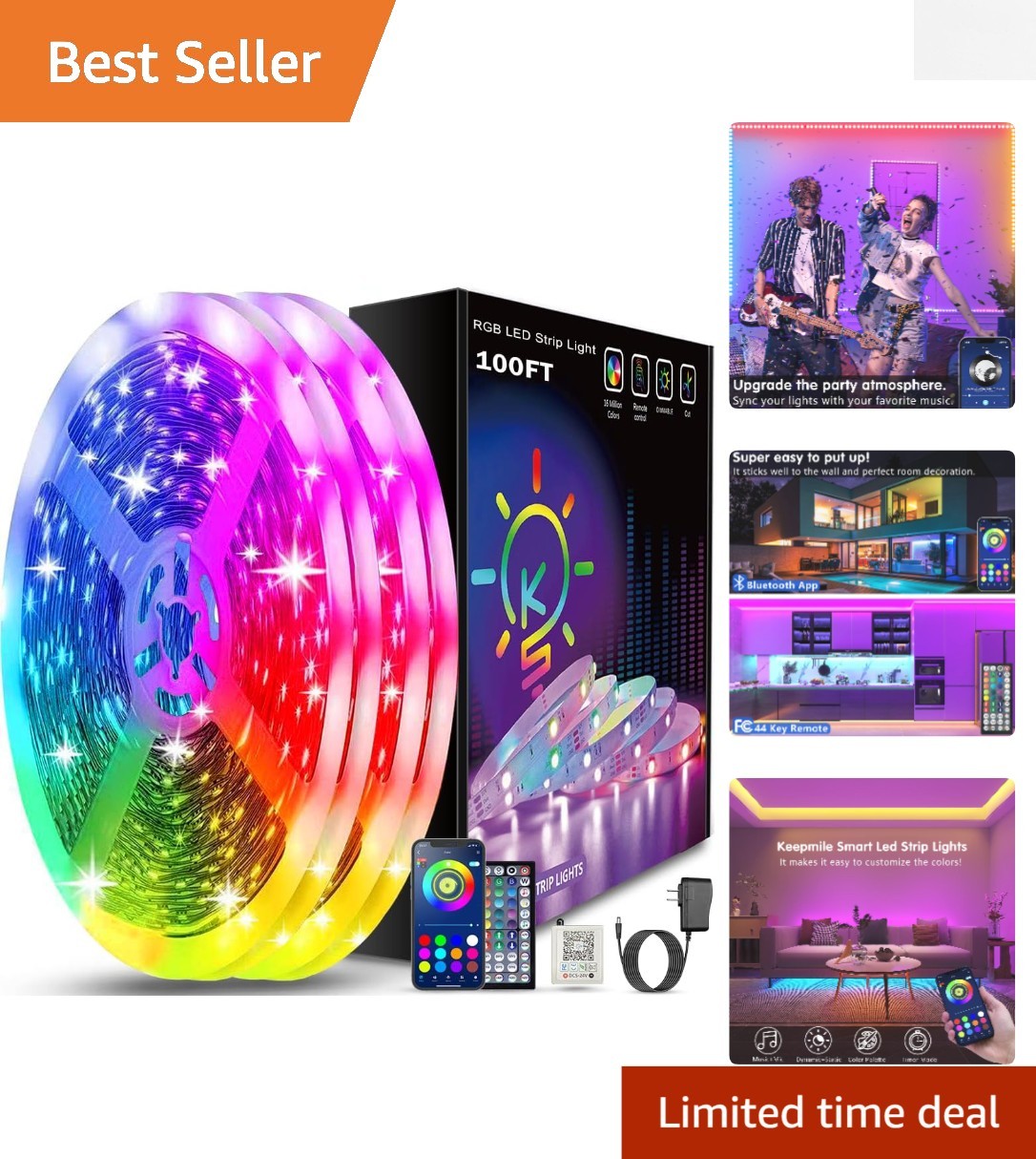 100ft Bluetooth LED Strip Lights - Smart App Control & Music Sync for Parties