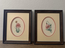 Pair Of Floral Rose Needlepoint Framed Picture Flowers Hand Crafted 11.5 x 9"