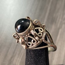 Vtg Sterling  Onyx Wirework Ring - Sterling  Cabochon Onyx Ring - Adjustable