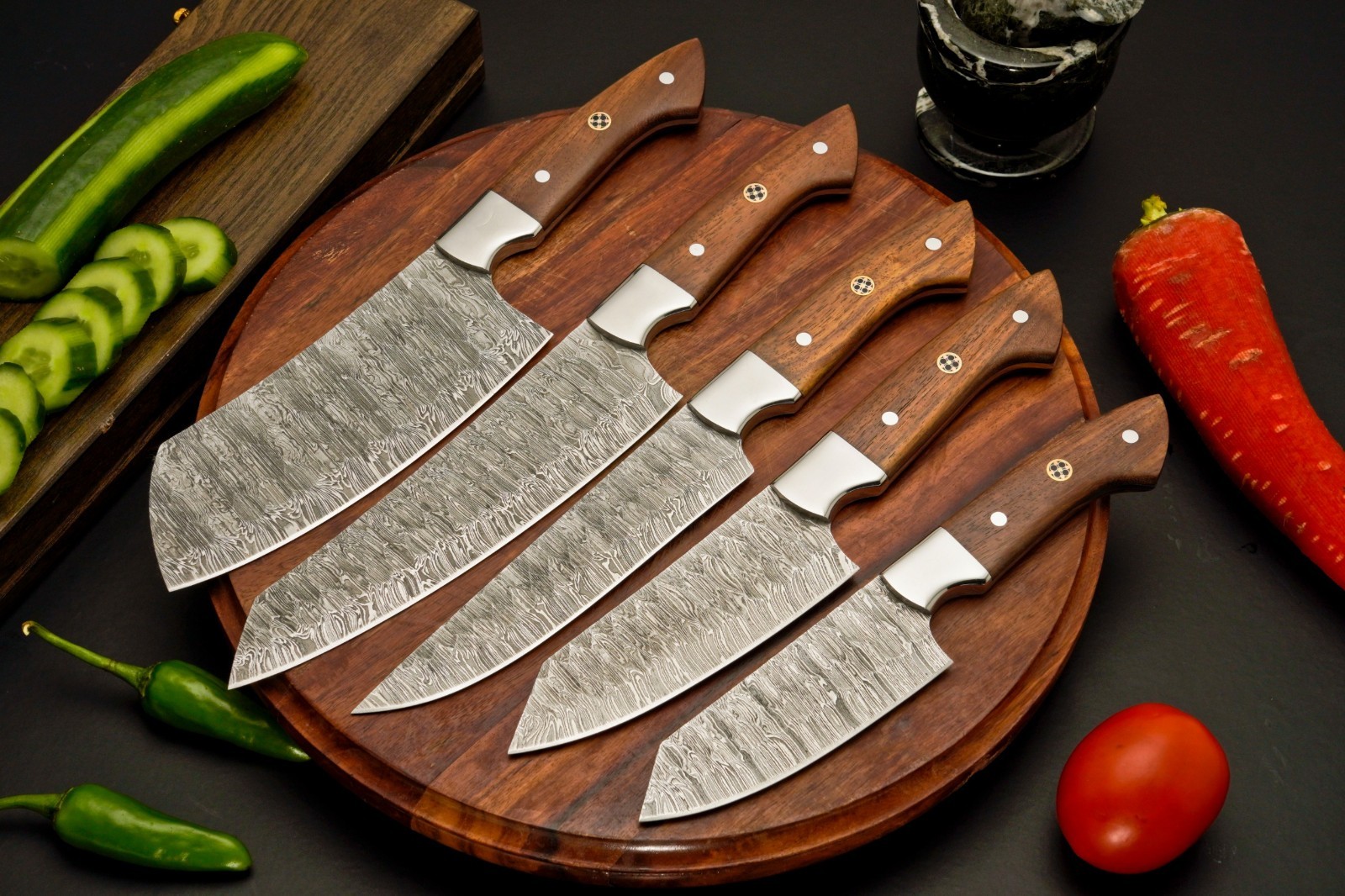 Juego X 5 Cuchillos Cocina, Artesanales, Acero damasco