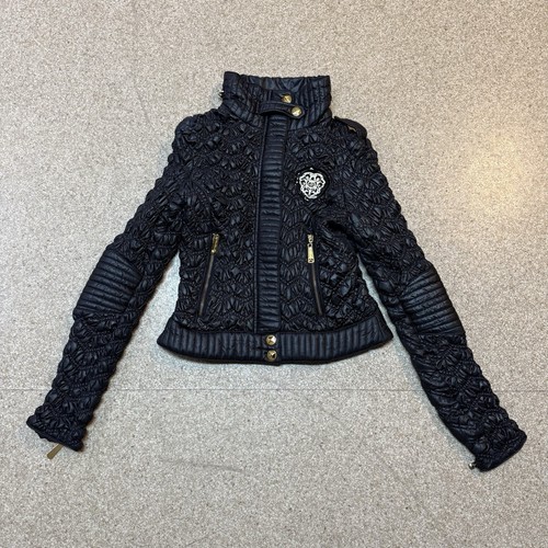 Vintage Y2K Apple Bottom Jeans Black Gold Stretch Puffer Jacket Womens Sz Small - Picture 1 of 14