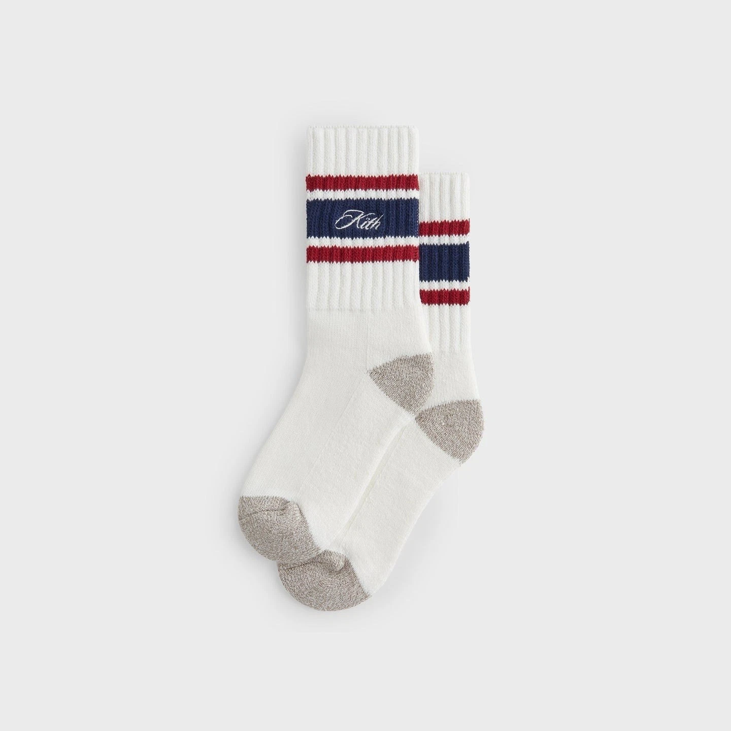 Kith Striped Chunky Crew Socks Nocturnal Script Logo White Sock Red Blue Stripes