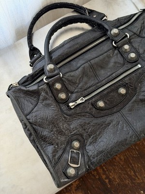 Vintage Balenciaga City Bag, Anthracite Leather, Giant Silver