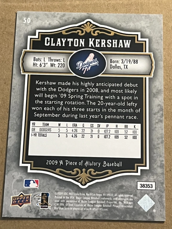 2009 UPPER DECK A PIECE OF HISTORY - CLAYTON KERSHAW DODGERS #50 - Image 2 of 2