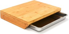 Bamboo Chopping Board w Stainless Steel Drawer Tray - Large 49x37 Antimicrobial