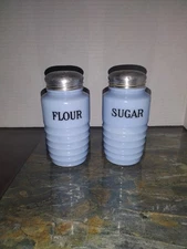 Vintage Sugar & Flour Shaker Ribbed Jeannette Delphite Blue Glass With Lids