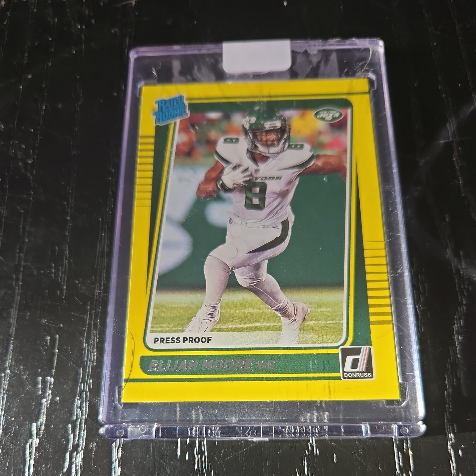 Elijah Moore Rookie RC yellow Press Proof 2021 Donruss Card New York Jets