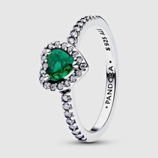 PANDORA Elevated Royal Green Heart Ring 925 Silver Lab-Created Crystal Pavé Halo