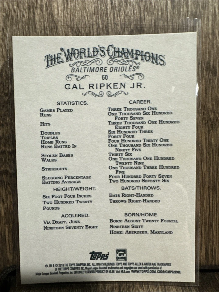 2018 Topps Allen & Ginter Cal Ripken Jr. #60 Baltimore Orioles - Image 2 of 2