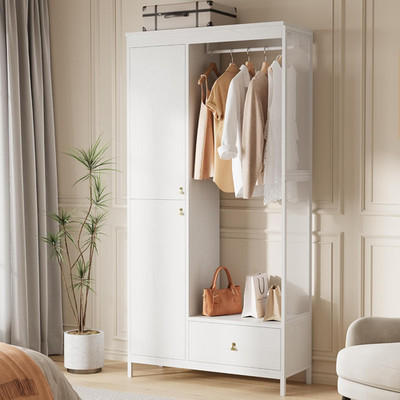 Modern Armoire Wardrobe Closet, Wood and Metal Frame Clothes Storage Organizer w