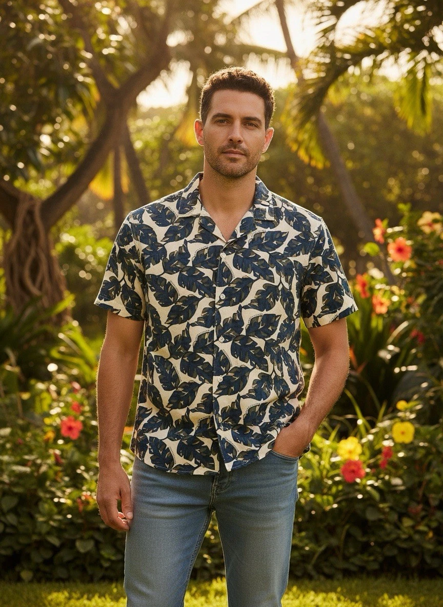 Tommy Hilfiger Mens Lou Tropical Print Hawaiian Short Sleeve Shirt Linen Cotton
