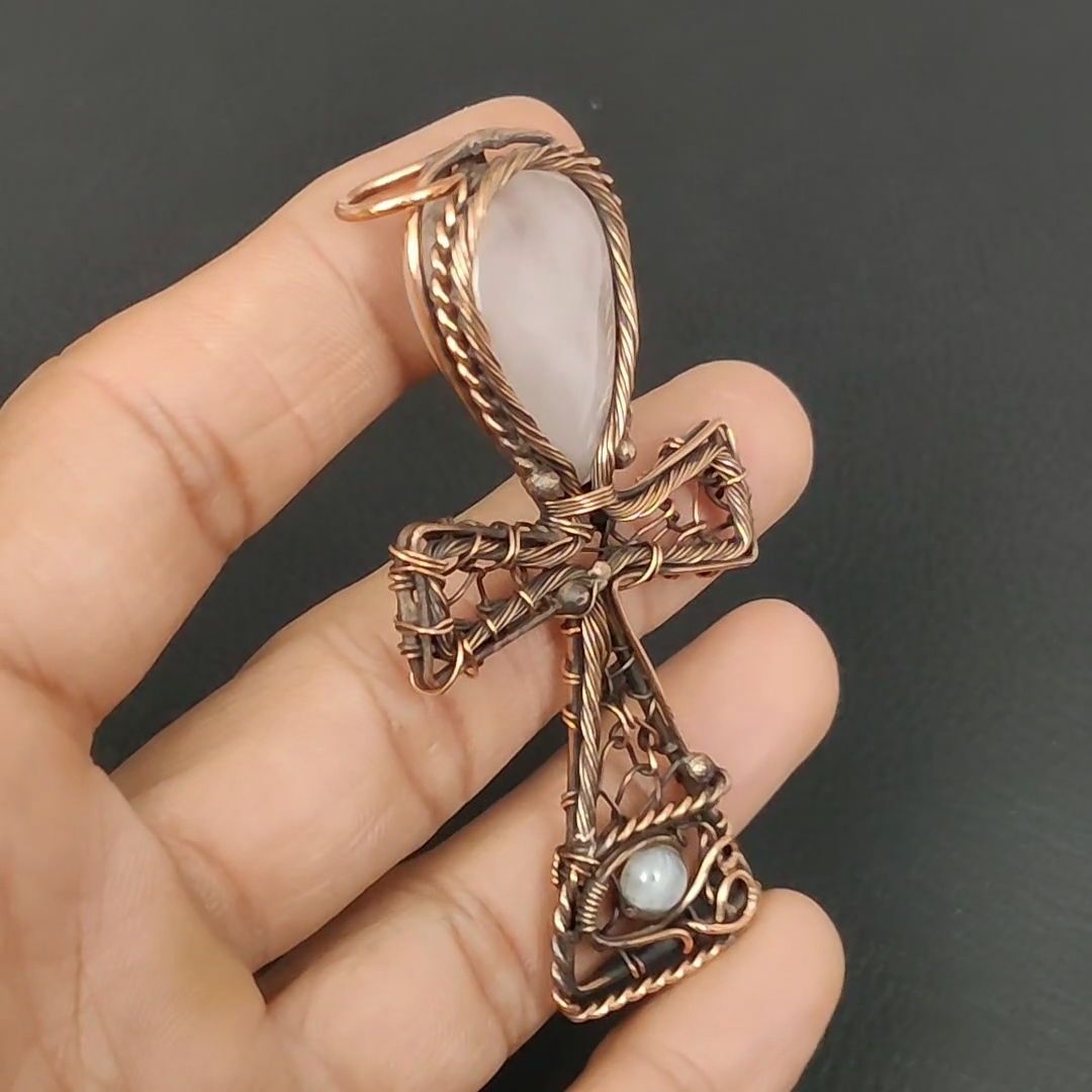 Rose Quartz Gemstone Copper Wire Wrapped Handmade Wedding Ankh