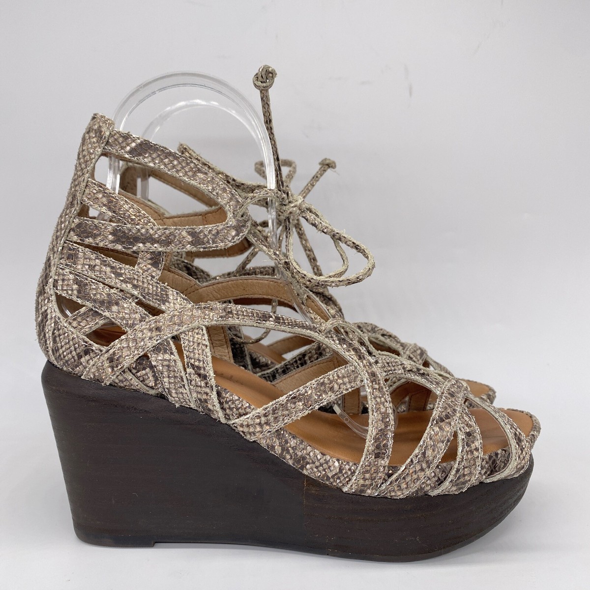 Gentle Souls Women's Wedge Sandals Snakeskin Lace Up Gladiator