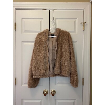 Women Wild Fable Tan Soft Teddy Bear Hooded Jacket Coat size L