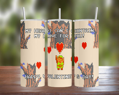 Zelda Link & Heart Container Valentines Day Stainless Steel Tumbler Straw Lid 