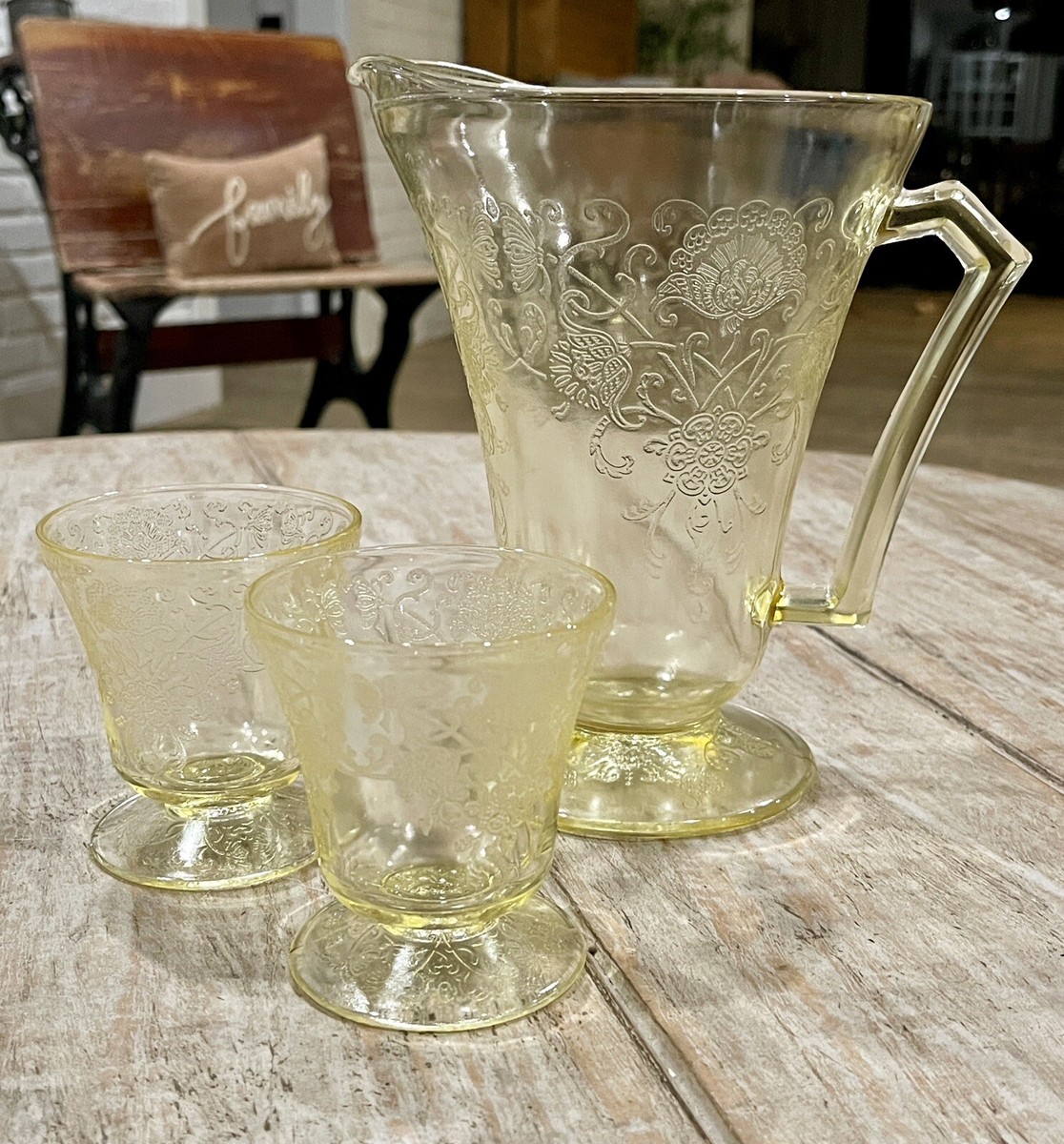 ★asian interior★ ★Glass＆Flower・set Vintage FLORENTINE POPPY Yellow HAZEL ATLAS Depression Glass