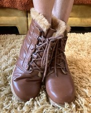 Vintage 70 s leather faux fur wedge ankle boots booties Sz. 8 fits 7 7.5
