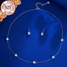 Genuine 925 Sterling Silver Round Chain Link Necklace Earring Jewelry CZ Top Set