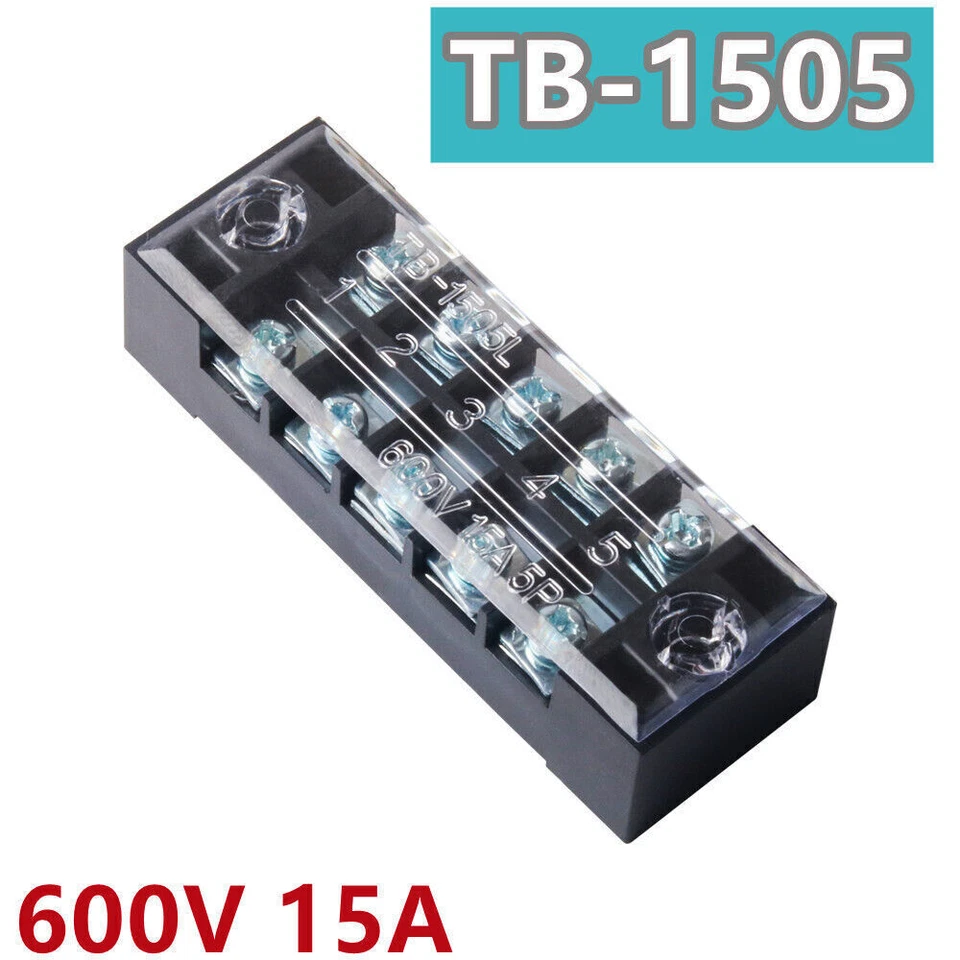 600V 15A 5 Sets Dual Row 5 Position Screw Terminal Electric Barrier Strip Block - Image 2 of 4